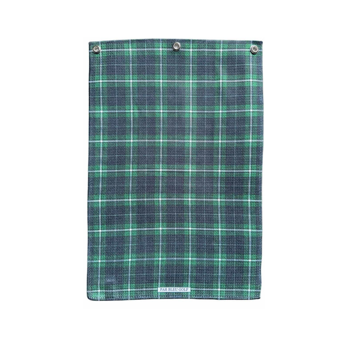 Golf towel in emerald green and deep bleu color scheme branded “Par Bleu Golf,” laid flat on a clean white background, showing soft microfiber texture and a sporty, premium finish with a clip attachment for golf bags.