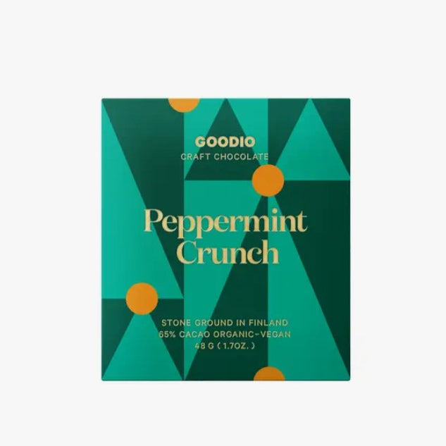 Peppermint crunch chocolate in green and black geometric wrapping with gold lettering.