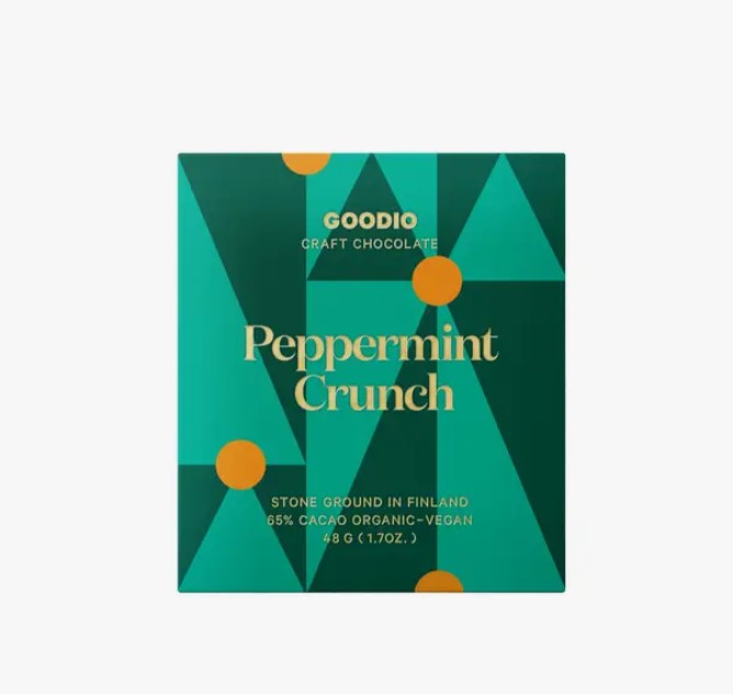 Peppermint crunch chocolate in green and black geometric wrapping with gold lettering.