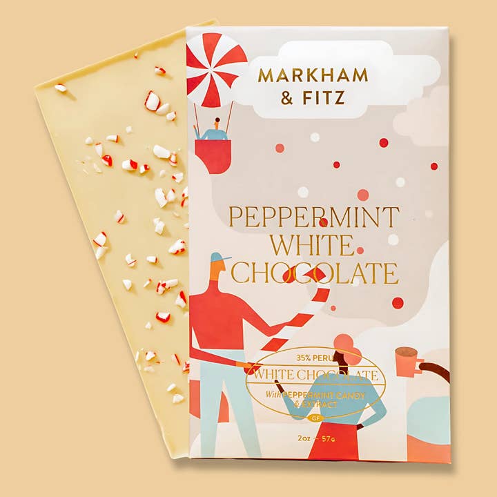 Peppermint White Chocolate, image shows the chocolate wrapping that has a background of three colorful people with peppermint candy and a hand holding a mug, and the label is in gold lettering. Also shows the candy bar with peppermint candy pieces, in a yellow background. 