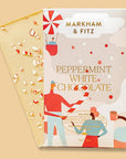 Peppermint White Chocolate, image shows the chocolate wrapping that has a background of three colorful people with peppermint candy and a hand holding a mug, and the label is in gold lettering. Also shows the candy bar with peppermint candy pieces, in a yellow background. 