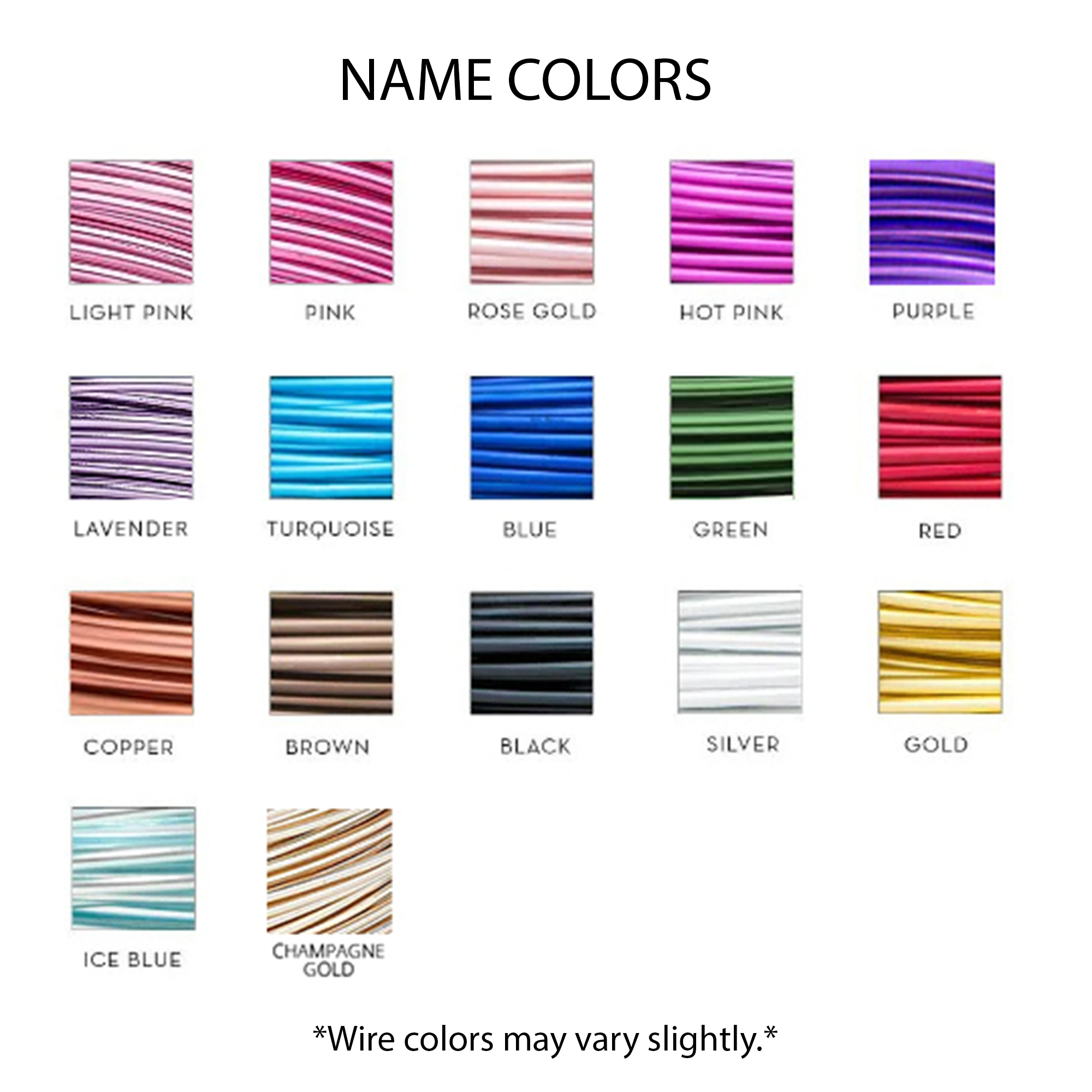 Personalized First Christmas Ornament, name colors chart options,showing the color options: light pink, pink, rose gold, hot pink, purple, lavender, turrquoise, blue, green, red, copper, brwon, black, silver, gold, ice blue and champagne gold.