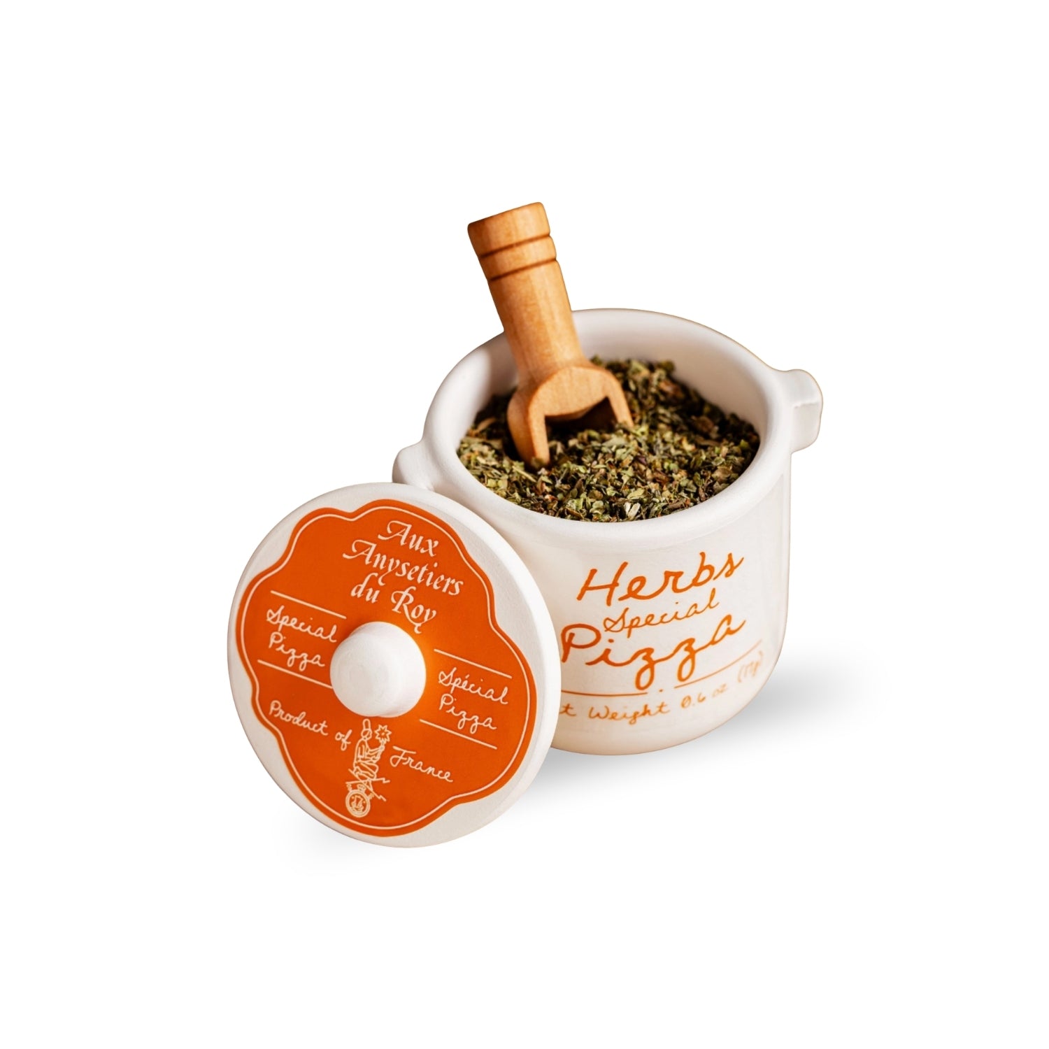 Herb container with wooden scoop on a white background