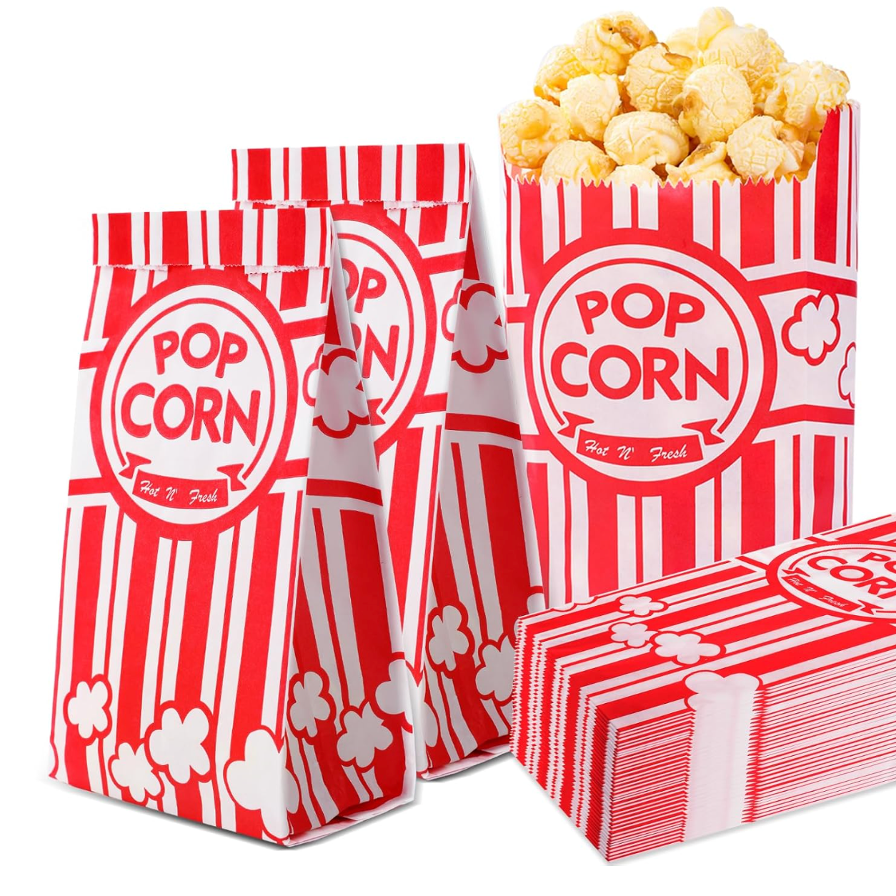 Red and white popcorn bags with 'Pop Corn' text on a white background