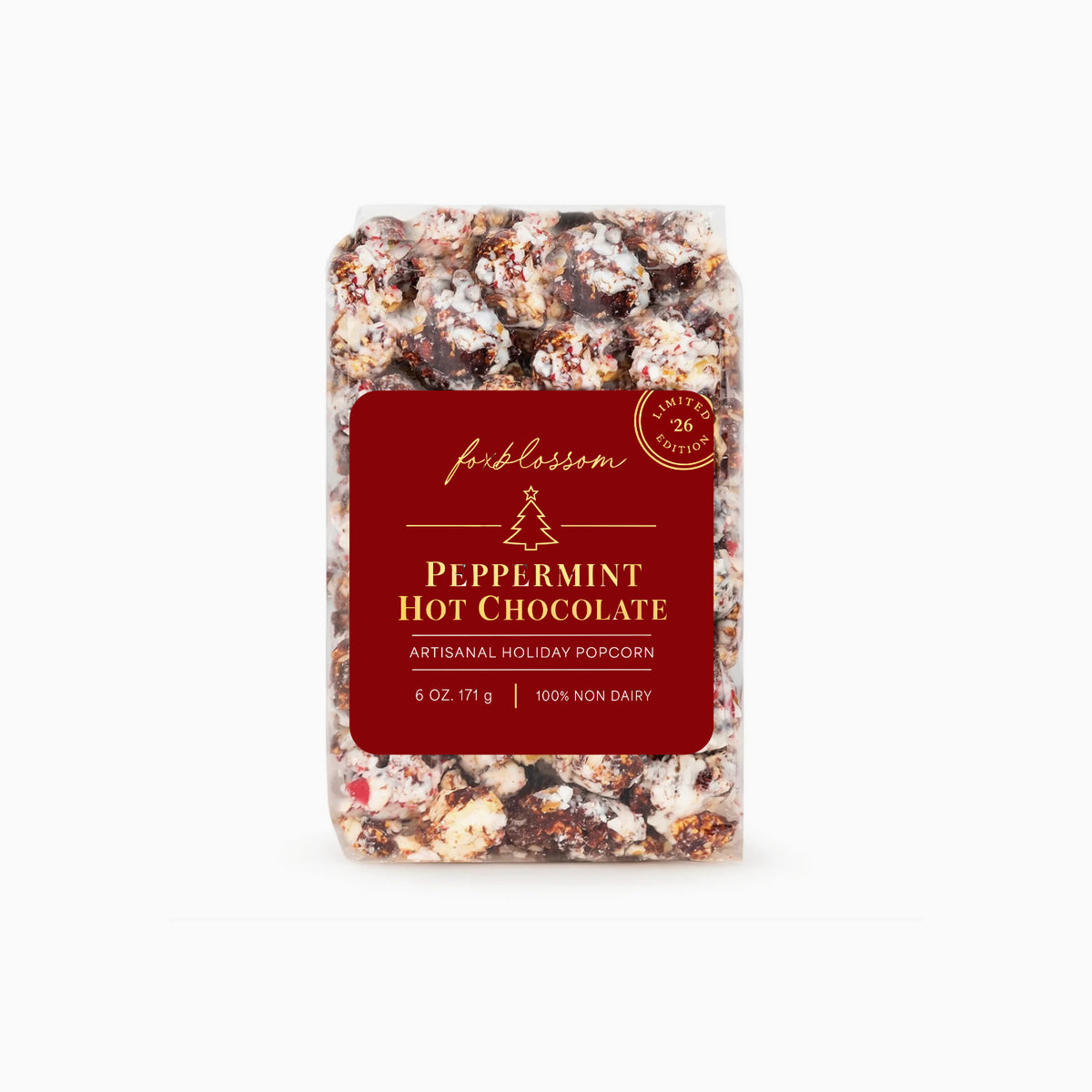 A 6 oz bag of Popinsanity Peppermint Hot Chocolate Artisanal Holiday Popcorn with a Red and Gold Foil Foxblossom label on a clean white background.