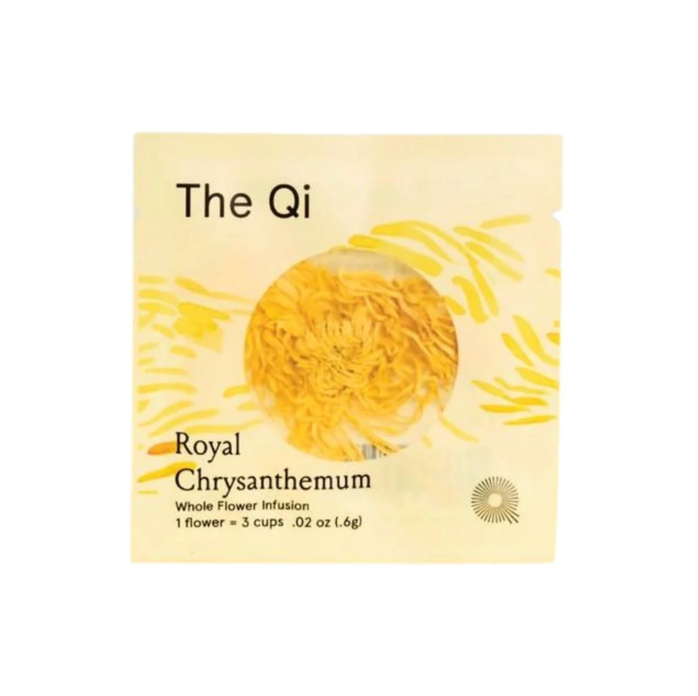Packaging of 'The Qi Royal Chrysanthemum' with a yellow flower illustration on a light yellow background.