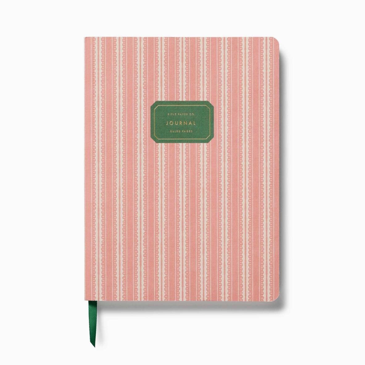 Rifle Paper Co pink and white striped softcover journal with gold foil text, showing a classic lined notebook cover design on a white background. 