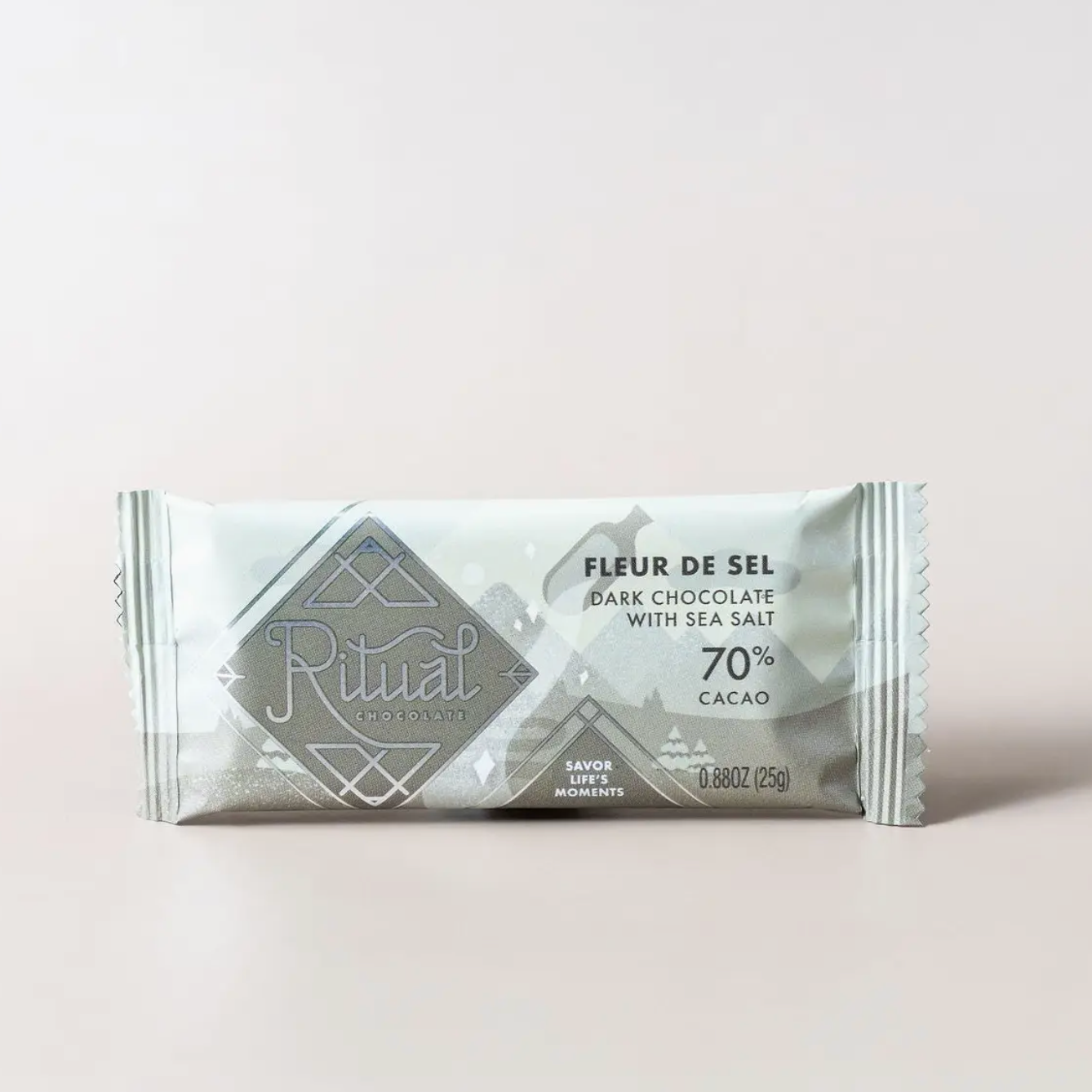 Ritual Fleur de Sel dark chocolate bar packaging on a light background