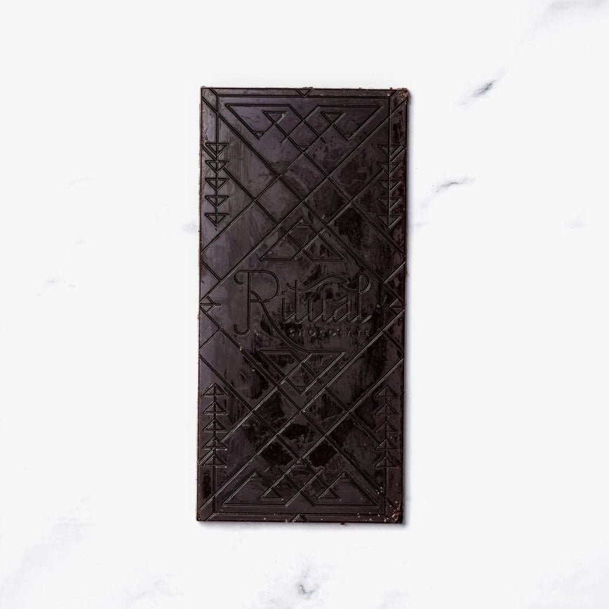 Ritual Honeycomb Toffee Chocolate Bar, image of the front chocolate unwrapped. 