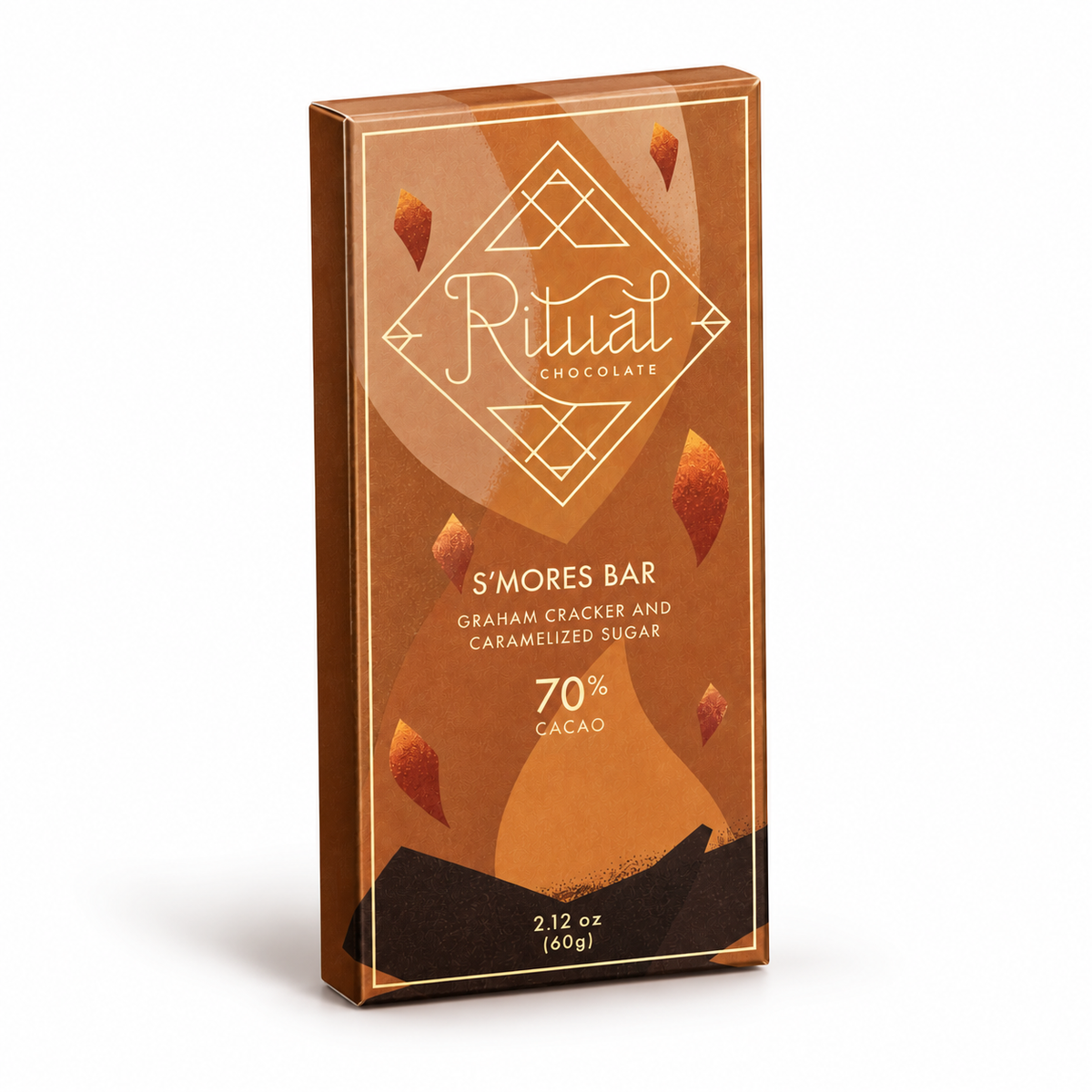 A box of Ritual Chocolate S'mores Bar, 70% cacao, 2.12 oz (60g), standing upright on a white background with a soft shadow.