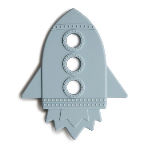 Blue rocket shaped teether featured on a white background.