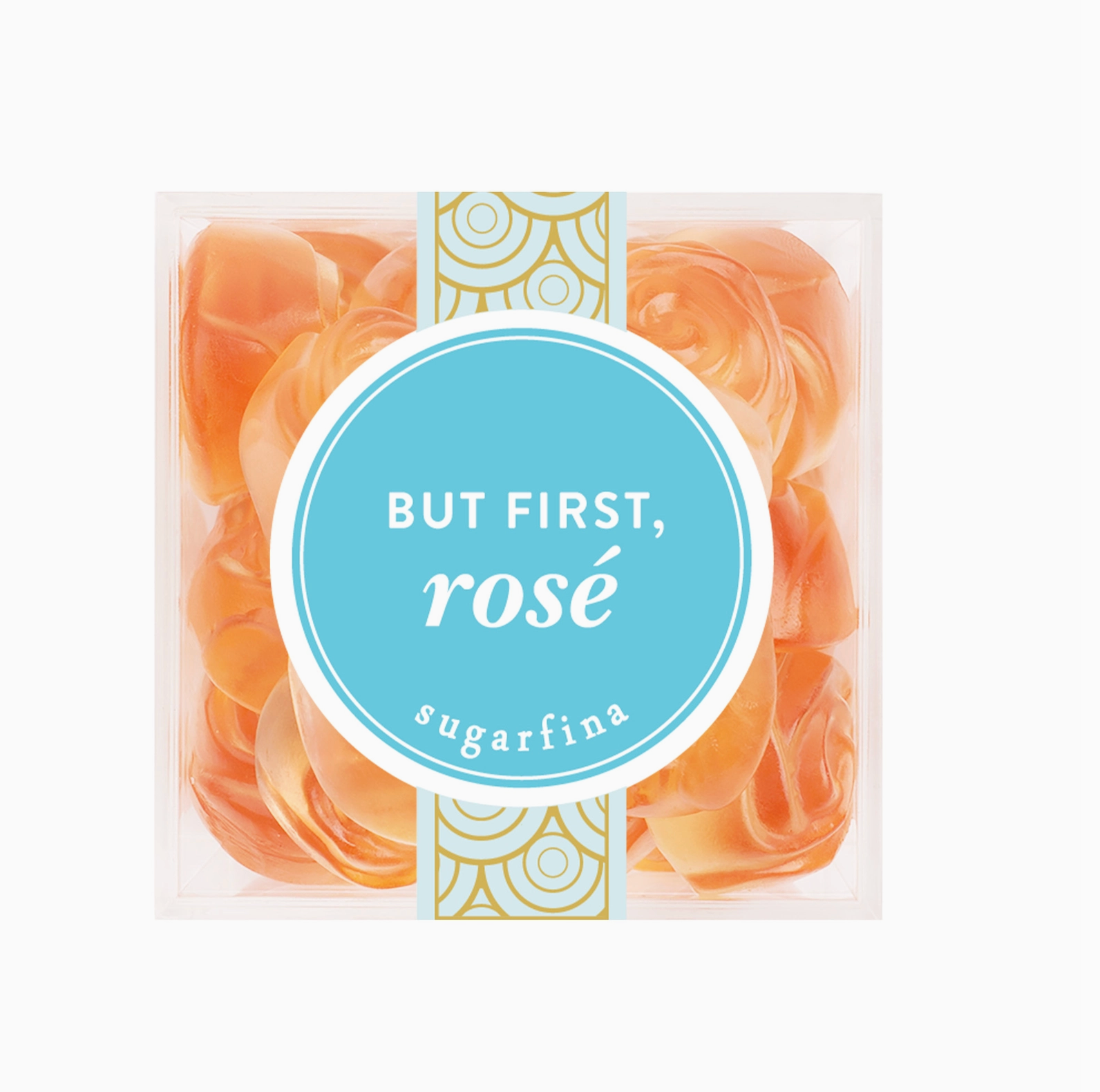 Packaged candy with 'But First, Rosé' and Sugarfina branding on a white background