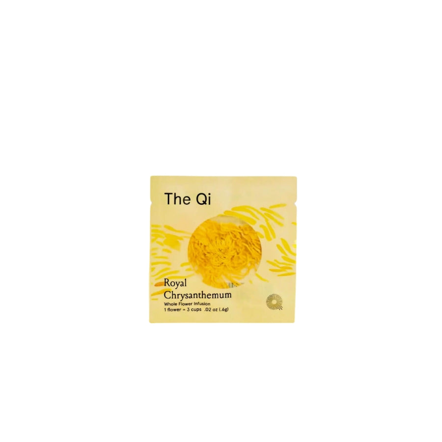 Tea Sachet of Royal Chrysanthemum Tea – The Qi, featuring dried chrysanthemum flowers on the packaging, displayed on a white background.