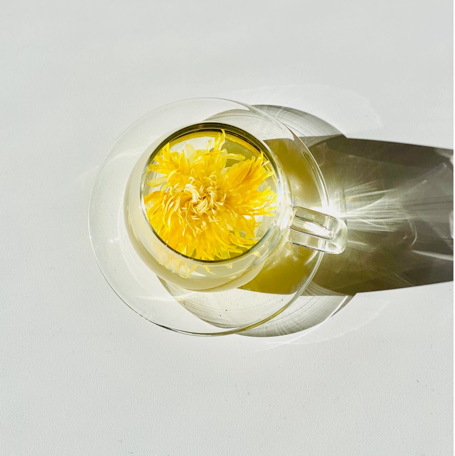 Royal Chrysanthemum, whole flower infusion, the image shows the yellow flower as it's served in a transparent mug. 