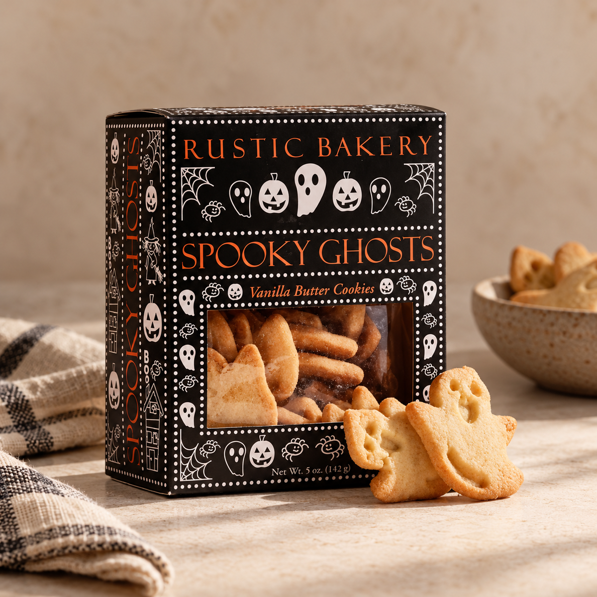 A box of Rustic Bakery Spooky Ghosts vanilla butter cookies sits on a tabletop with several ghost-shaped cookies placed in front. A bowl of cookies and a folded cloth are visible in the background, creating a cozy styled setting.