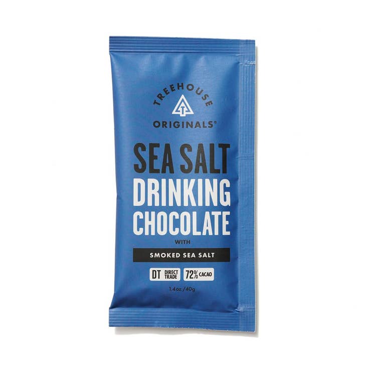 Sea Salt Drinking chocolate, blue sachet with black and white lettering.