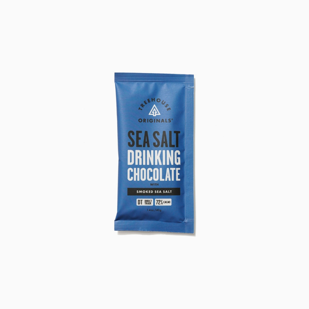 Blue package of Treehouse Originals Sea Salt Drinking Chocolate on a white background
