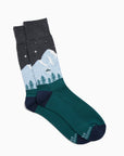 Sock with mountain and tree design on a white background