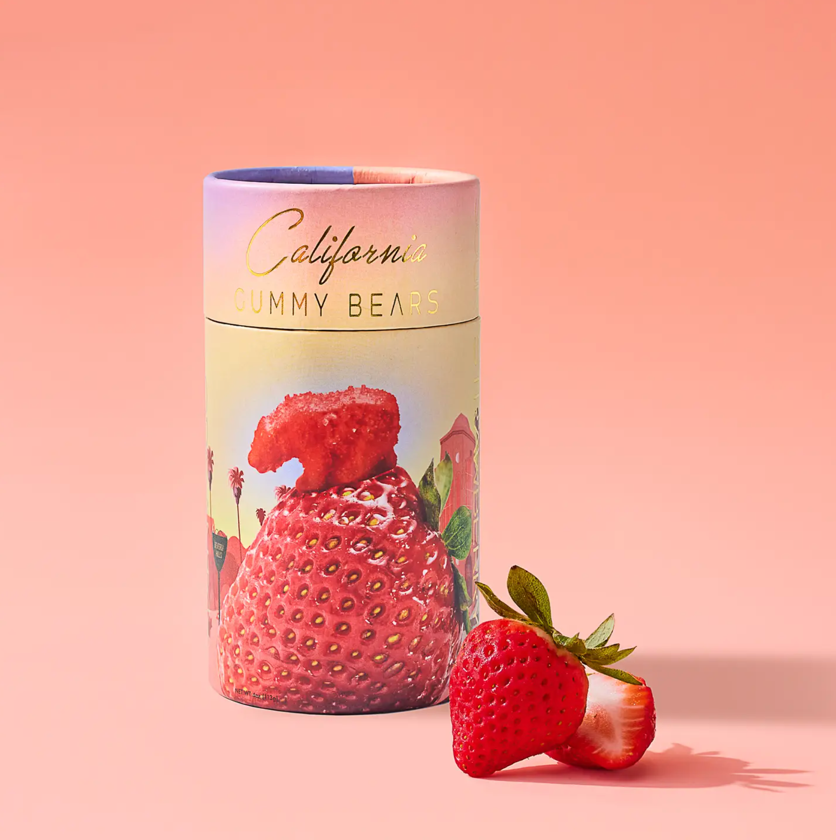 Canister labeled 'California Tummy Bears' with a strawberry design on a pink background