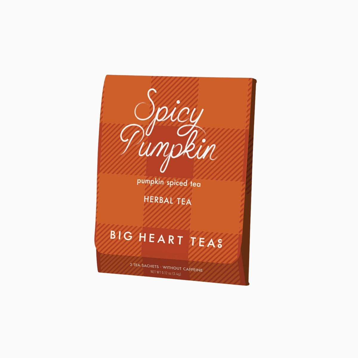 A package of Big Heart Teas Spicy Pumpkin herbal tea, shown at an angle on a clean white background. The packaging features a warm orange and red plaid pattern with white text.