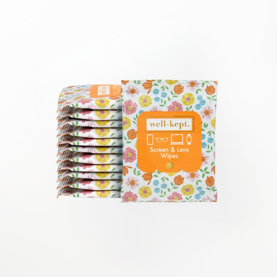 Pack of well-kept screen and lens wipes with floral design on a white background