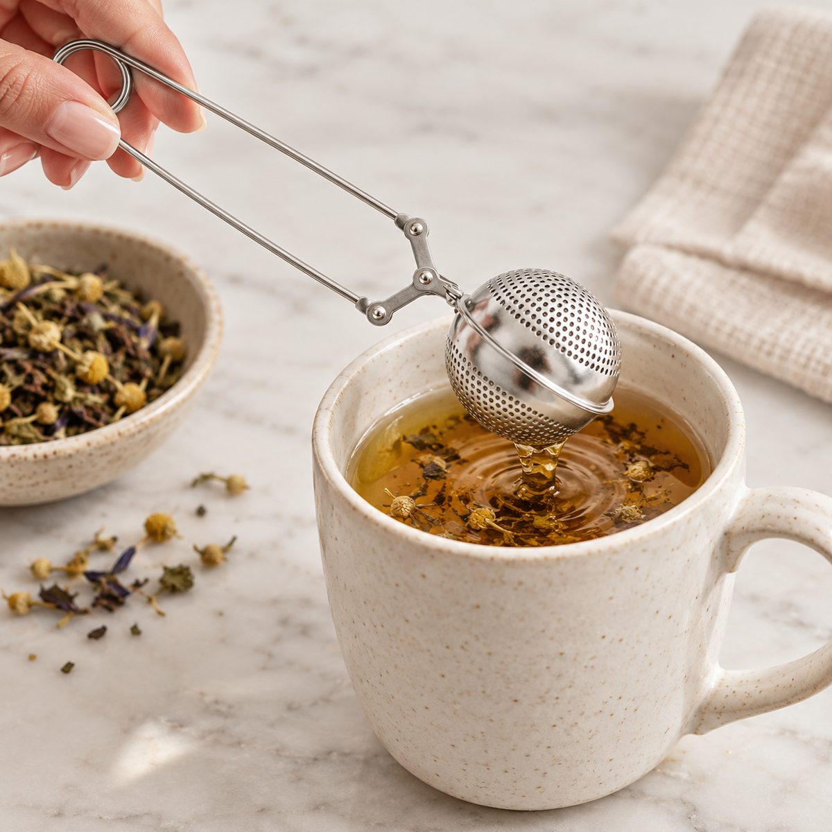 A stainless steel tea infuser held over a speckled cream ceramic mug filled with amber tea and loose flower petals. A hand is visible gripping the handle, with a small bowl of loose tea and a folded cloth on a light marble surface in the background.