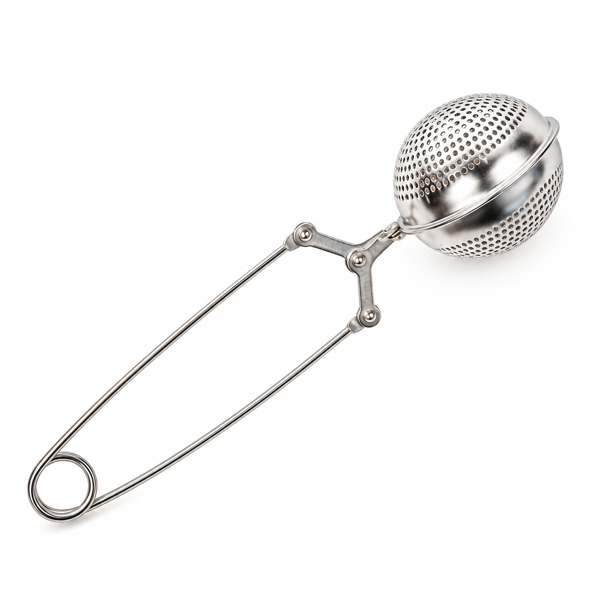 A stainless steel ball infuser with a long wire handle and a loop at the end, shown on a plain white background.