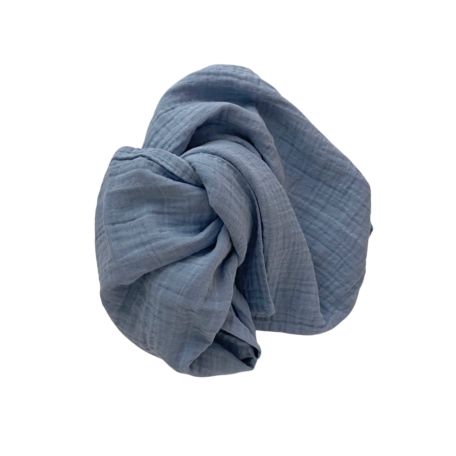 Blue muslin swaddle on a white background. 