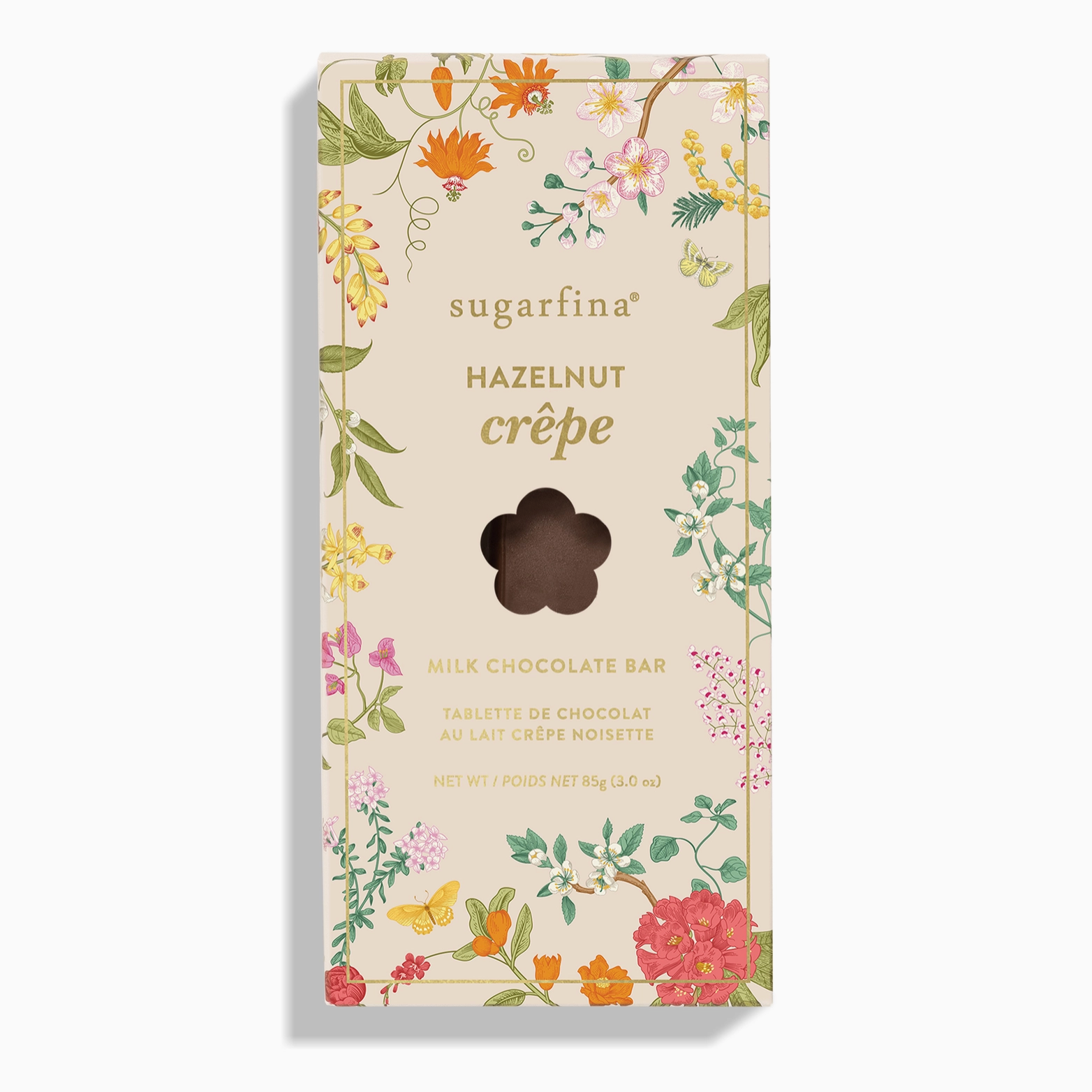 sugarfina hazelnut crèpe chocolate bar packaging with floral design
