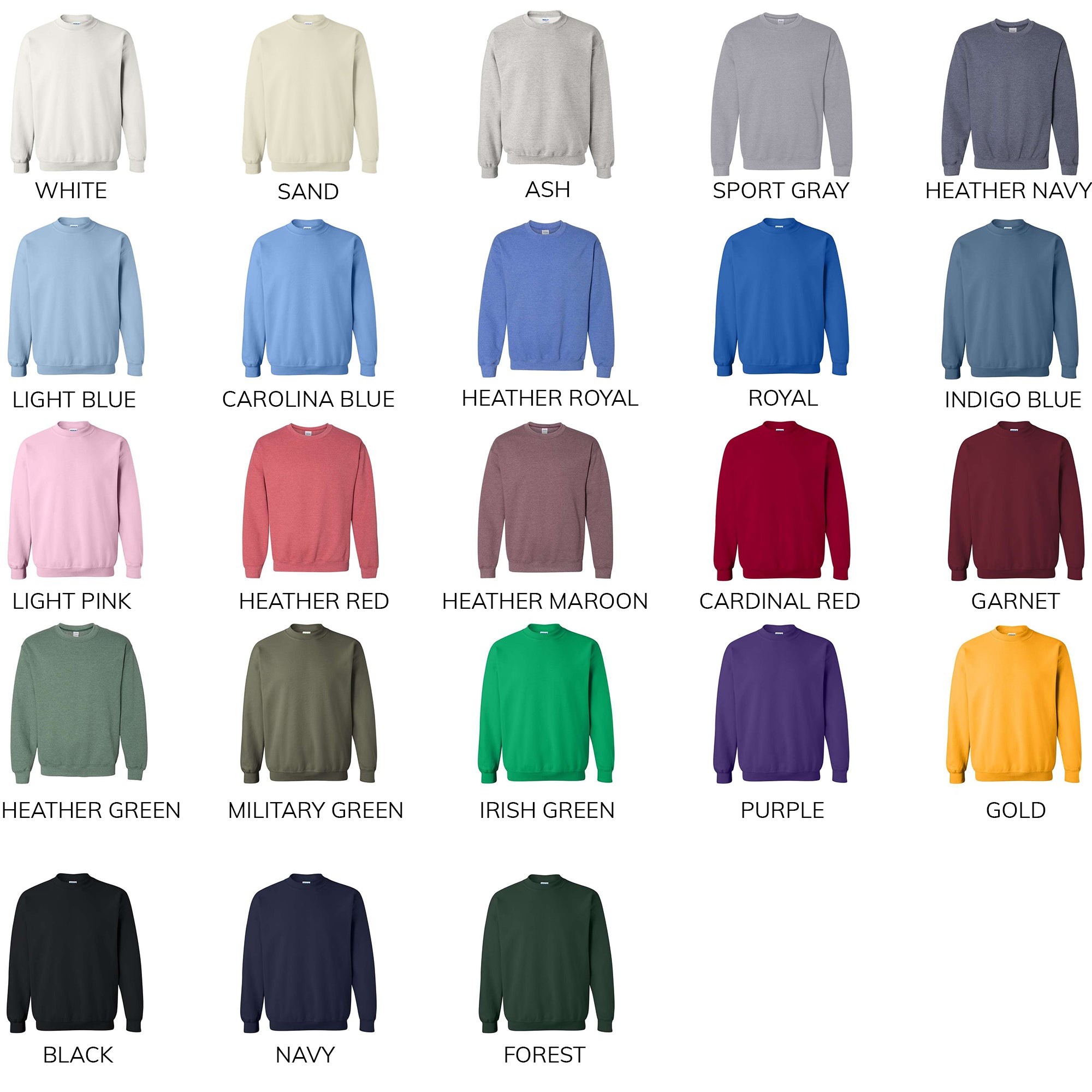 Custom sweatshirt color options chart. 