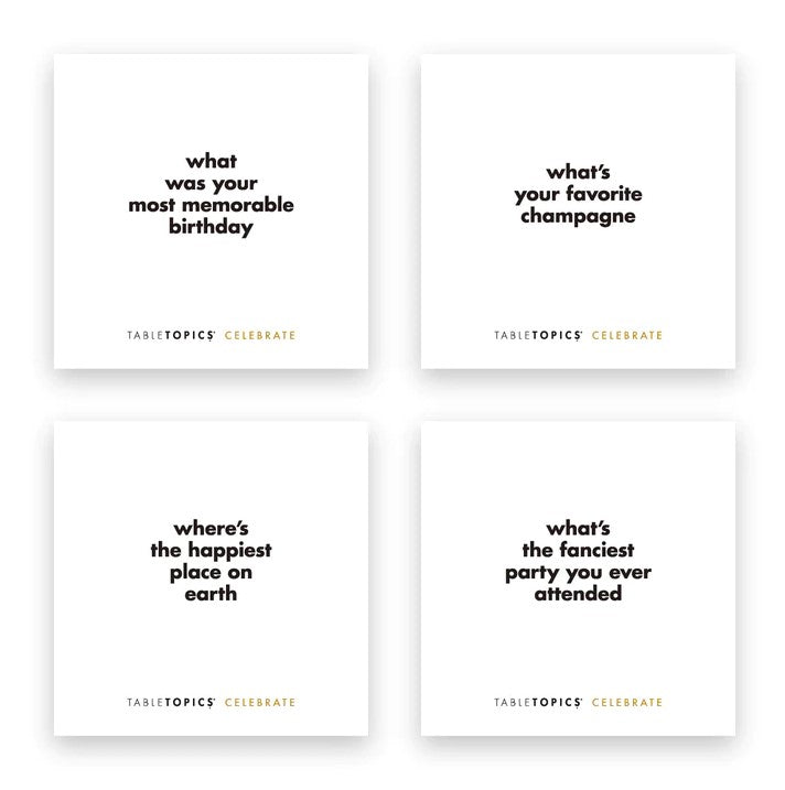 Image shows 4 cards of the  party game celebrate table topics to go, in the bottom shows the game it belongs with celebrate in gold lettering the rest in black,  the questions in the cards: most memorable birthday, favorite champagne, happiest place on earth, and fanciest party ever attended. 