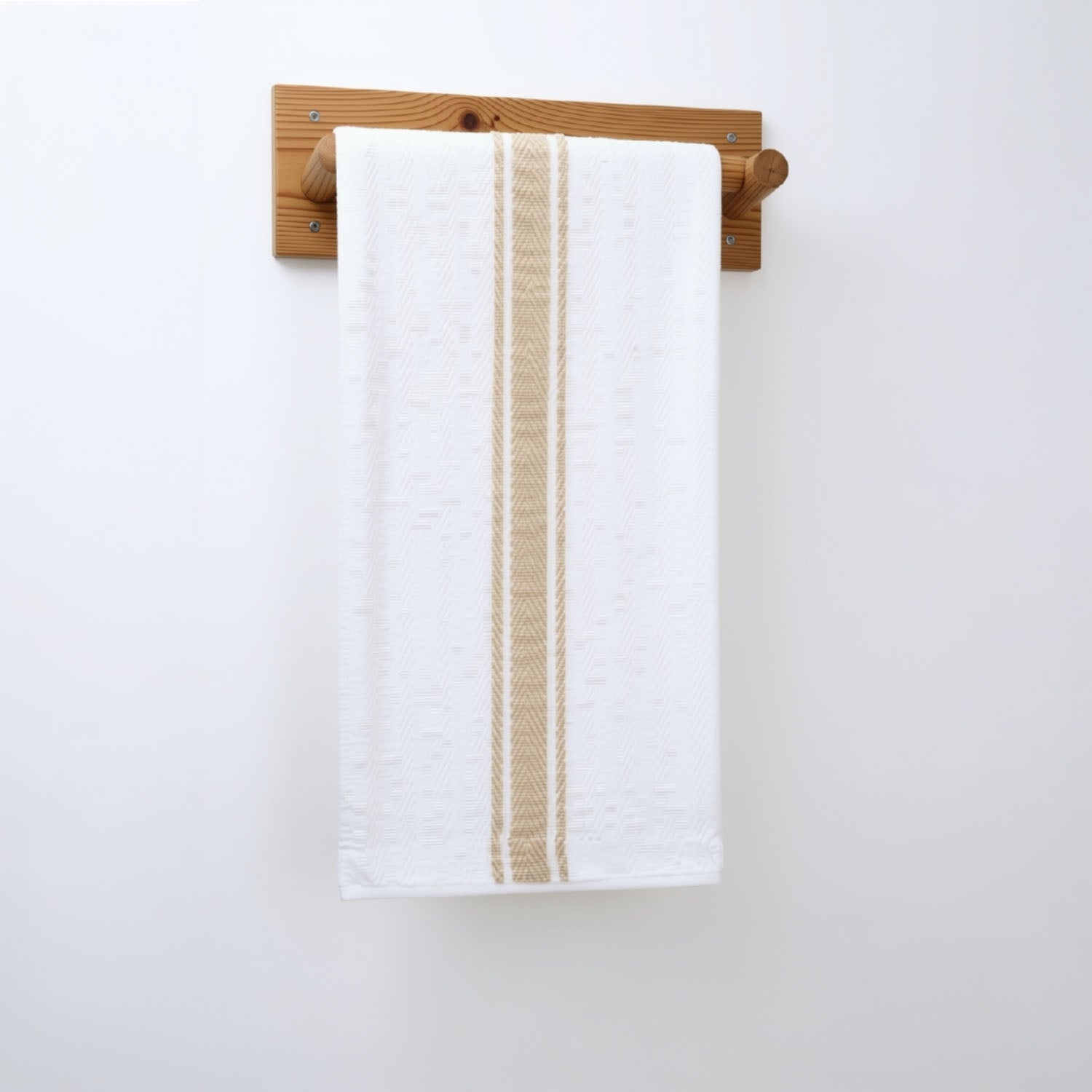 White towel with beige stripes hanging on a wooden towel rack against a white wall.