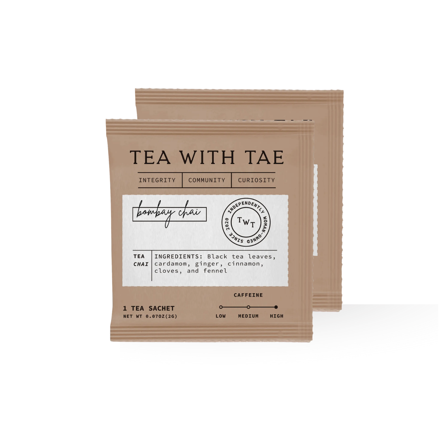 two brown packets of bombay chai on a white background