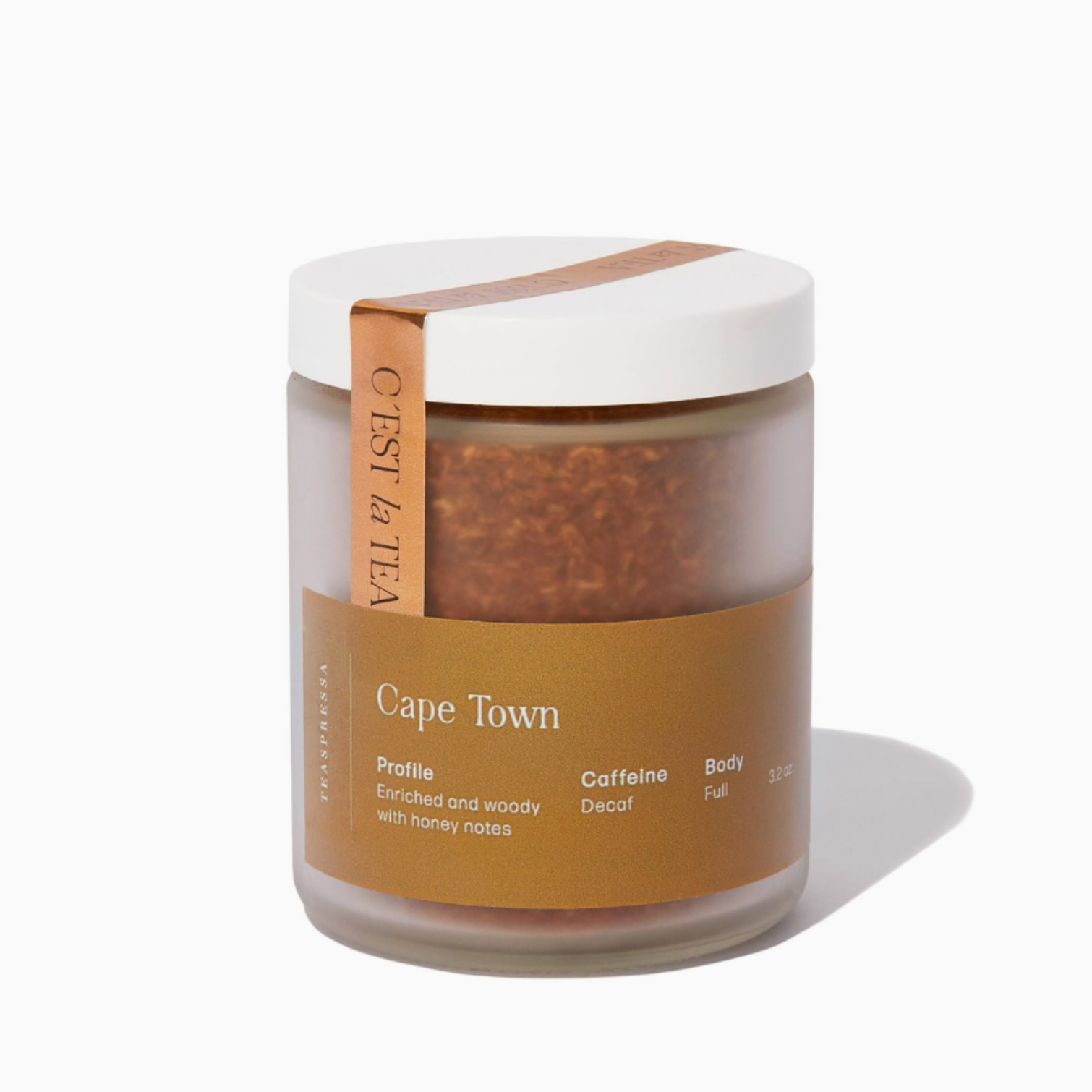 Jar of Cape Town tea with a white lid on a white background