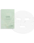 Tone sheet mask is featured in its green package with the white mask itself next to it on a white background.  