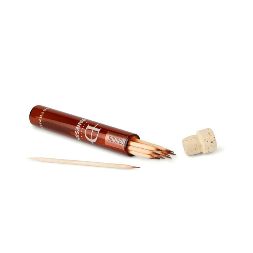 Set of toothpicks with a wooden holder on a white background