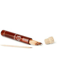 Set of toothpicks with a wooden holder on a white background