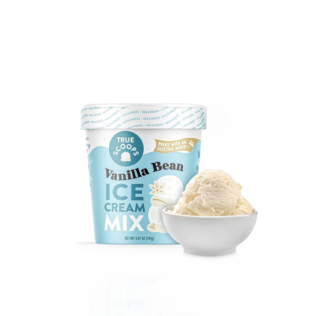 ice cream mix in a blue and white container side by side with a white ceramic bowl with vanilla ice cream. White Background.