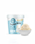ice cream mix in a blue and white container side by side with a white ceramic bowl with vanilla ice cream. White Background.