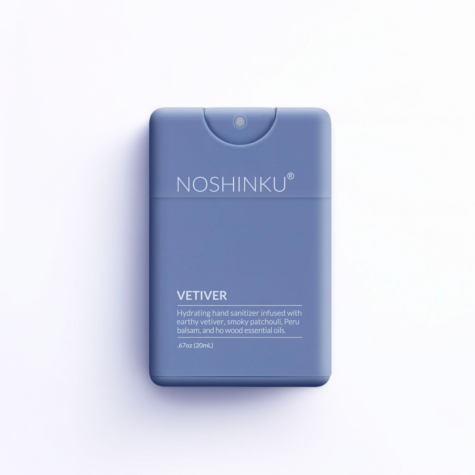 A rectangular hand sanitizer bottle by Noshinku in a muted periwinkle blue color, featuring white text and a small circular cutout at the top, set against a clean white background.