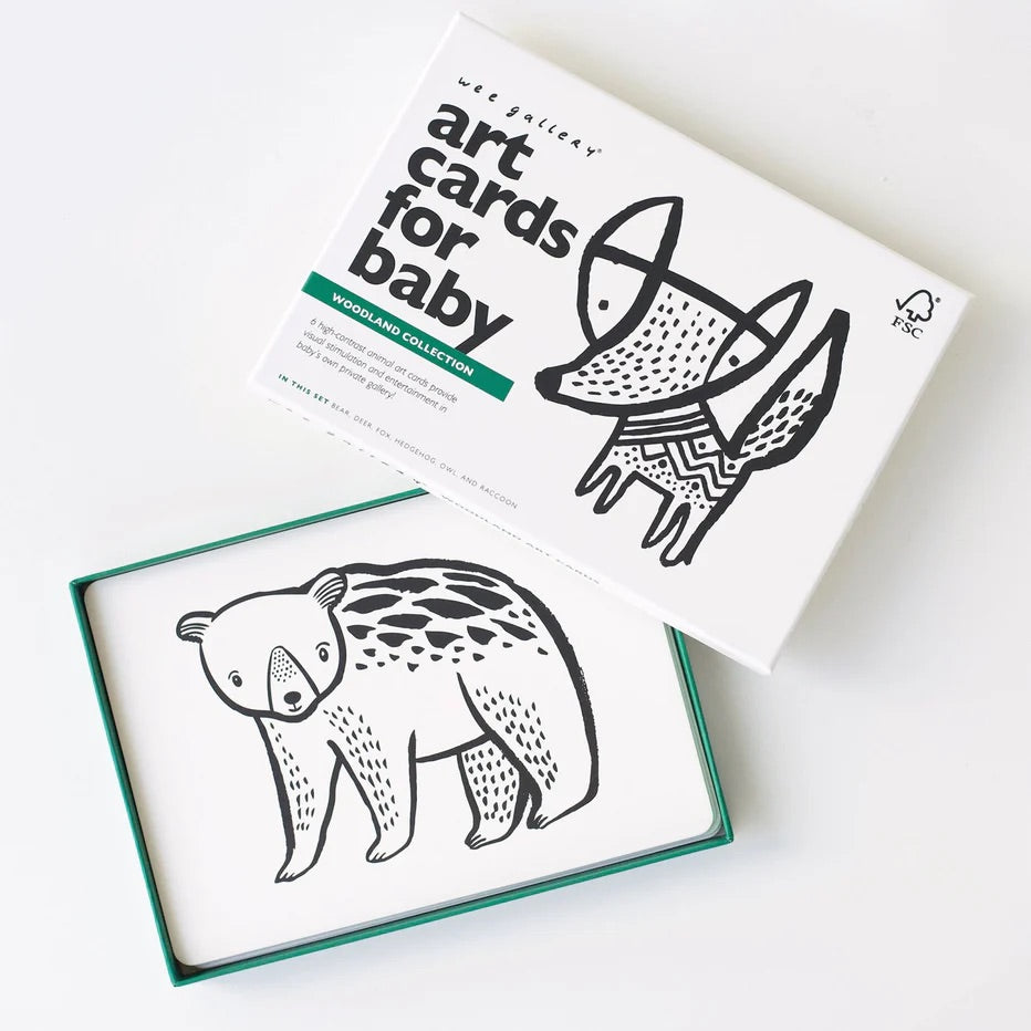 High-contrast black and white baby animal art cards illustrations for newborn visual development.