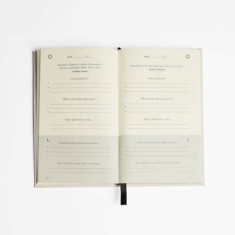 The five minute journal book opened showing the journal distribution and how it looks like.  Quote and 5 questions to answer.  