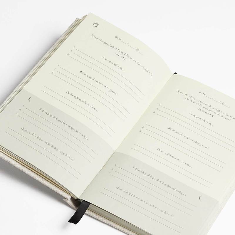 Side view of the 5 minute journal book  that displays how the book is inside. 