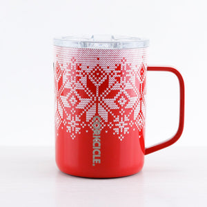 16 oz, Red Fairisle stainless steel coffee mug, clear lid, gray "corkcicle" text on side.