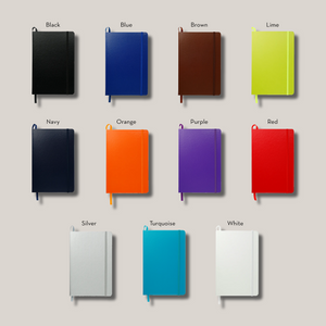 Notebook color options, Black, blue, brown, lime, navy, orange, purple, red, silver, turquoise, white