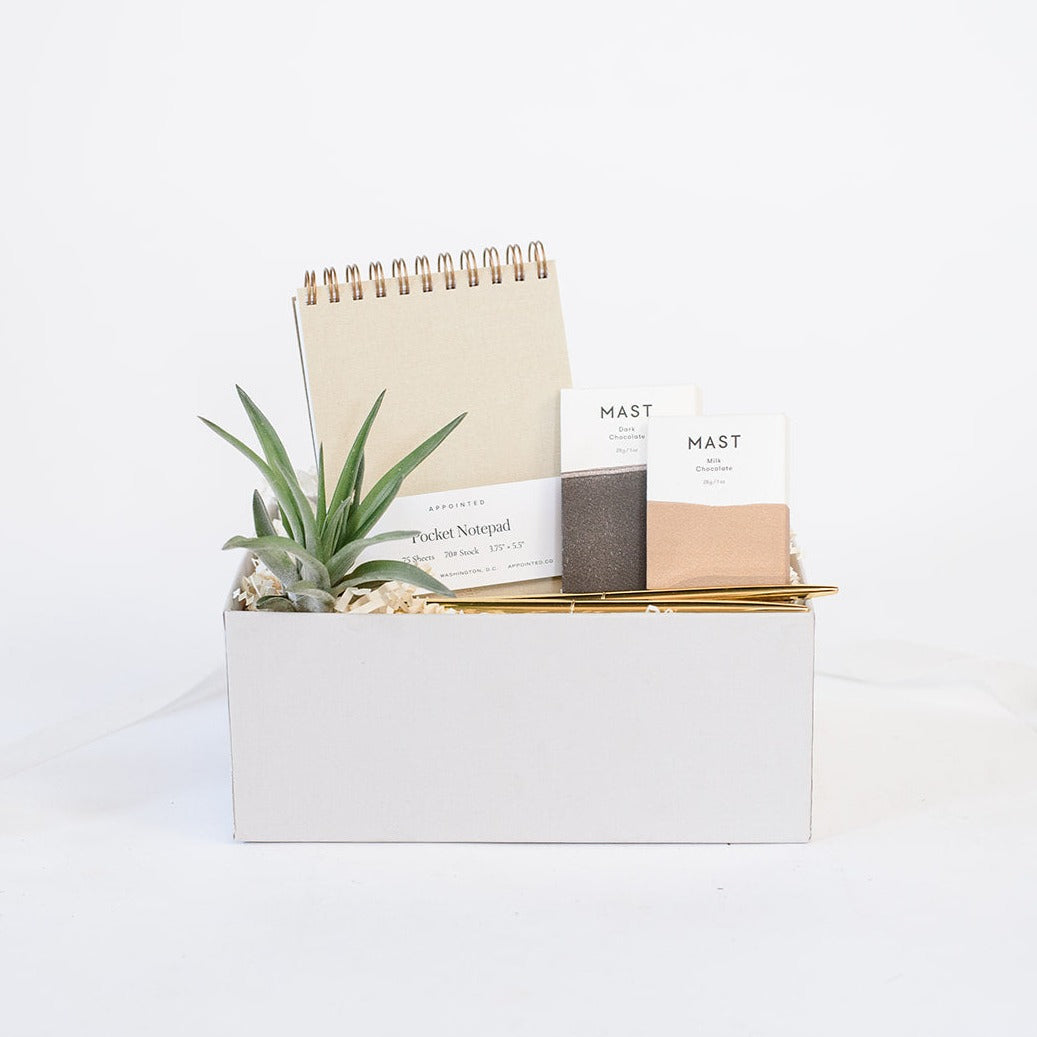 Small airplant, linen appointed pocket notepad, set of two gold pens, mini Mast dark chocolate bar, mini Mast milk chocolate bar arranged in a light grey box with white paper shred.