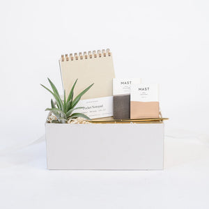 Light grey box containing a small airplant, linen appointed pocket notepad, set of two gold pens, mini Mast dark chocolate bar, mini Mast milk chocolate bar.