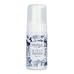 'Chelsea Wang baby night night baby wash' in a 90ml / 3 fl oz. white spray bottle with blue animal graphics and a white cap. 