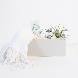 Light grey gift box containing a white pashmina, a mini tube of Tocca Giulietta hand cream, sea salt and lavender soap and small air plant. 