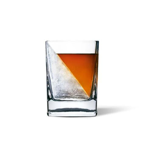 Clear Whiskey glass cup, (diagonally) half ice and half liquid